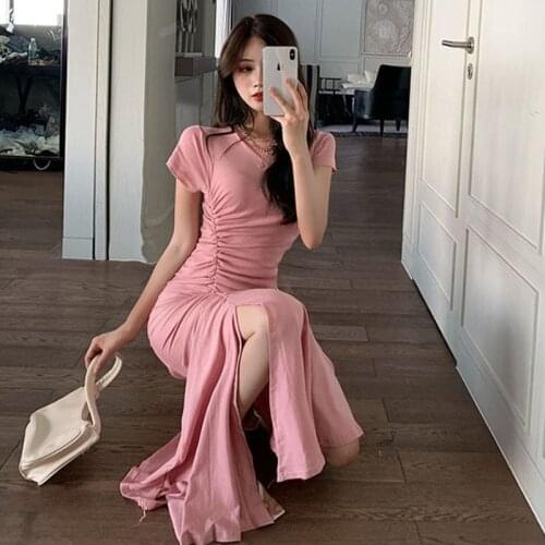 Summer Casual Sweet Cotton O Neck Short Sleeve Pink Pleated Split Mermaid Dress Women Long Black Vestido Feminino Wild