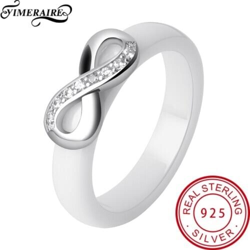 Ceramic Rings With 925 Sterling Sliver Infinity Symbol Crystals For Elegant Women Black White Smooth Ring Simple Wedding Jewelry