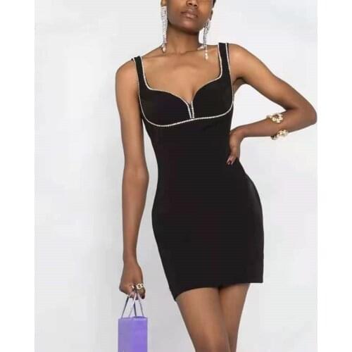 Celebrity Bandage Dress Black Sexy Off Shoulder Sleeveless Diamonds Shiny Slim Mini Dress Women Elegant Cocktail Party Dress Ves