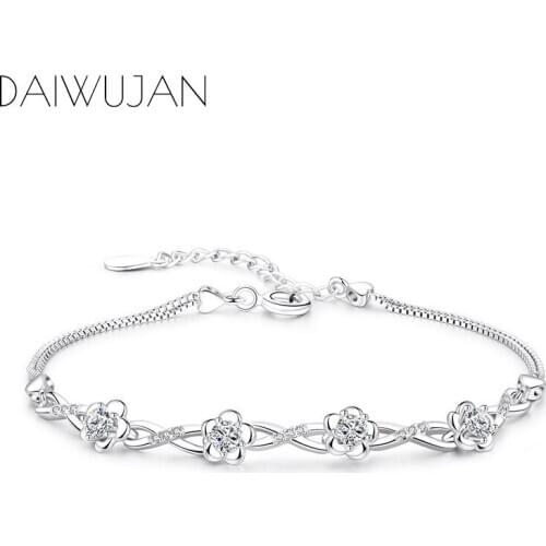 DAIWUJAN Luxury Crystal Plum Flower Bracelets 925 Sterling Silver Box Chain Womens Bracelets Pulseira De Prata Wedding Jewelry