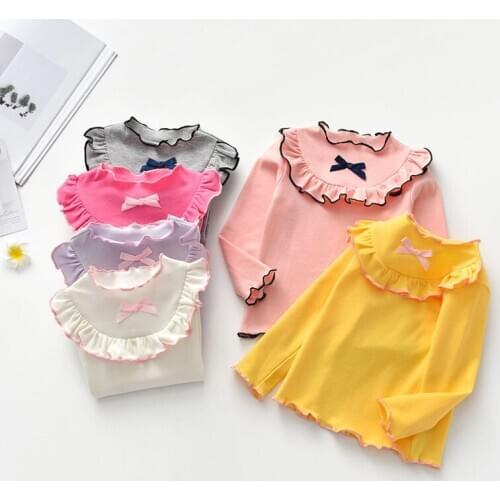 2-6 Y Toddler Girls T-shirts Fashion Cute Colored Ruffled Cotton Bottoming Tshirt for Girl Kids Clothes Child Tops Autumn 2020