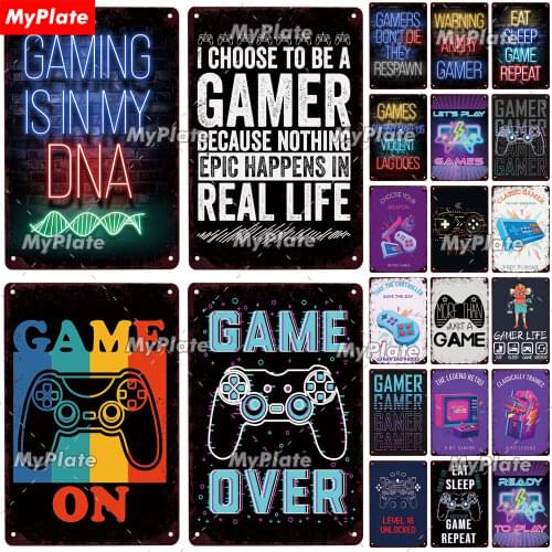 GAME ON Metal Sign Vintage Tin Sign Gamer Zone Plate Warning My Rules for Bar Pub Club Man Cave Game Room Wall Decor