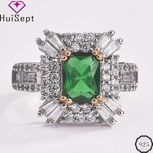 HuiSept Classic Women Ring 925 Silver Jewelry Geometric Shape Emerald Zircon Gemstone Ornament for Wedding Party Wholesale Rings