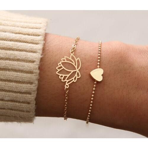 2Pcs Simple Gold Color Personality Hollow Lotus Lovely Tiny Heart Bracelets Bangle Multilayer Bracelets Jewelry Gift For Women
