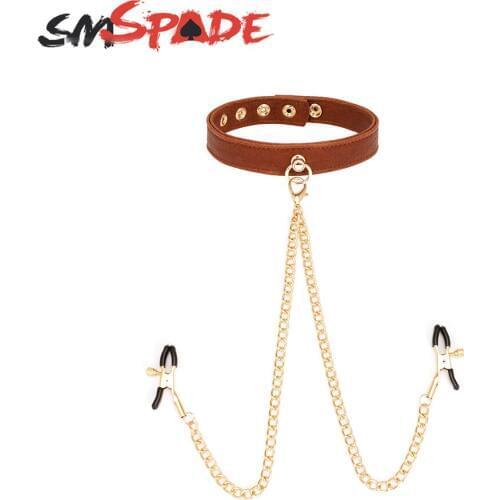 SMSPADE Leather Collar with Nipple Clamps BDSM Bondage Collar Sex Toys For Couples Adult Toys Sex Shop Adult Slave Sex Games
