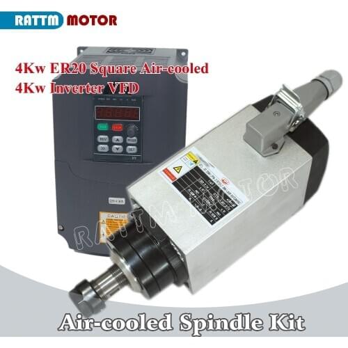 Square 4kw ER20 Air cooled spindle motor 4 Ceramic bearing & 4kw VFD Engraving milling for CNC router machine from RATTM MOTOR