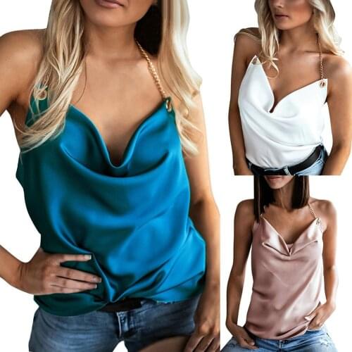 Summer Elegant Silk Blouse Shirt Sexy Women Solid Color Sleeveless Chain Halter Camisole Backless Blouse T-shirt Casual Blouses