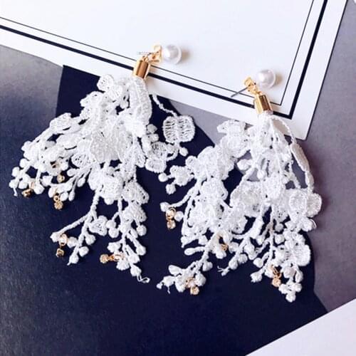 Fashion Crystal Imitation Pearl Flower Tassel Earrings For Women Pendientes Brincos Statement Boho Lace Earrings Wedding Jewelry