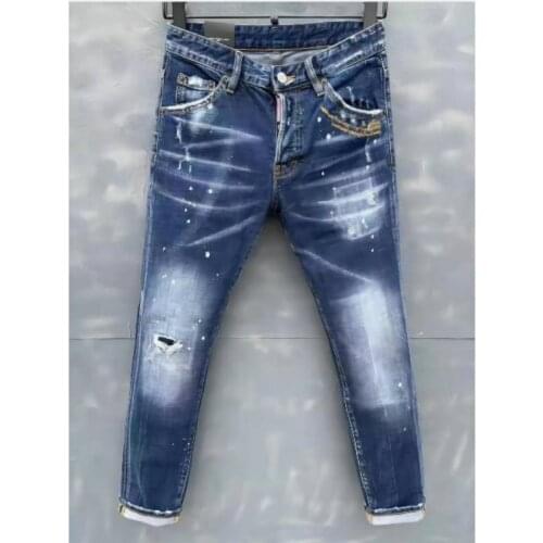 New DSQ2 Mens Skinny Jeans With Ripped Holes And elastic Paint Spray Blue Stitching Beggar Pants 026