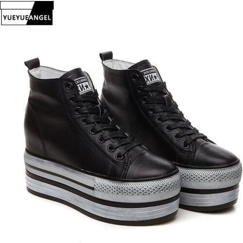 Brand New Womens High Top Thick Platform Shoes Genuine Leather Lace Up Casual Sneakers Wedges Hip Hop High Heels Creeper Pumps