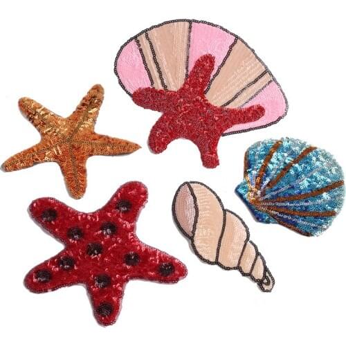 New Starfish Shell Sequined Patches Iron On Patch For Clothing DIY Wave Stickers On Clothes Applique T-shirt Jacket Decor