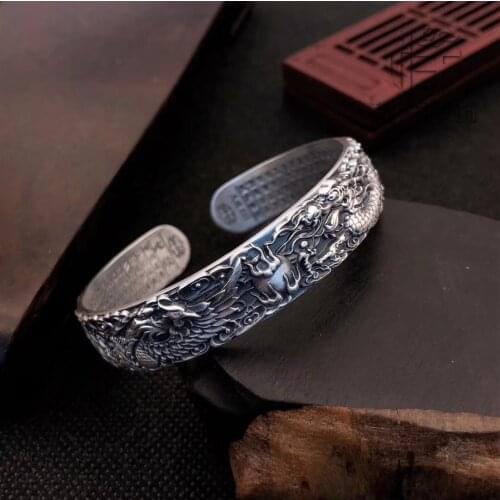 Real 999 Sterling Silver Dragon and Phoenix Bangles for Men Heart Sutra Engraved Vintage Thai silver Opening Adjustable Bracelet