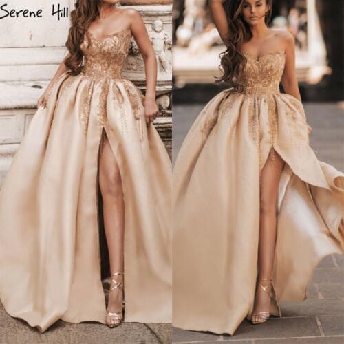 Champagne Off Shouler Sexy Prom Dresses Satin Beading Sequined A-Line Prom Gowns Design Serene Hill BLA70190