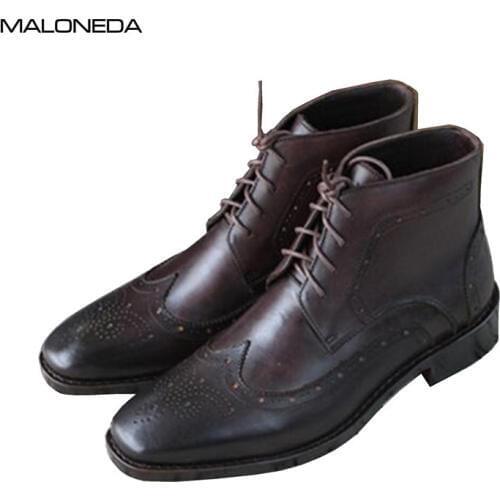 MALONEDE Bespoke Vintage Brogue Style Goodyear Handmade Boots Genuine Leather Short Boots for Formal Dress Footwear
