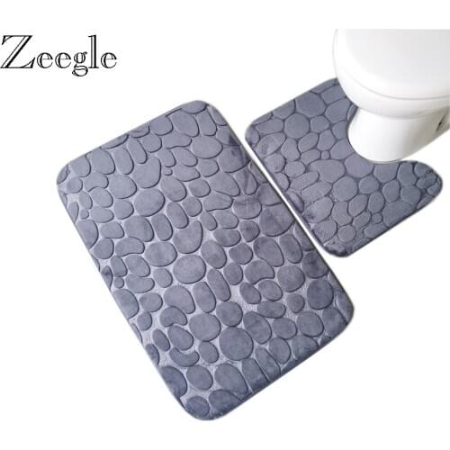 Zeegle 3D Stone Embossed 2pcs Bathroom Mat Set Anti-slip Toilet Floor Mats Absorbent Bath Mat Set Toilet Rug Flannel U-shape Mat