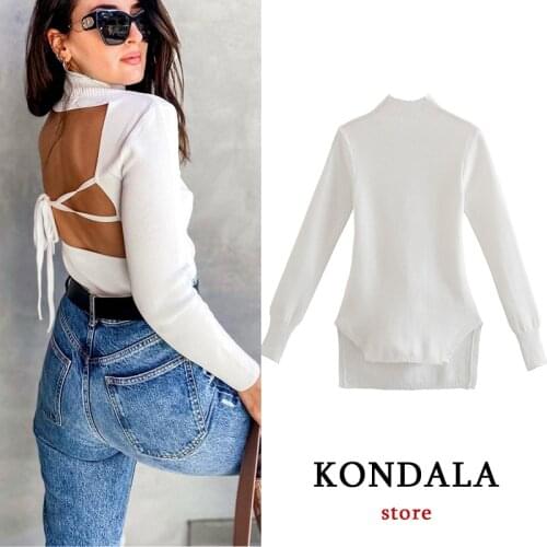 KONDALA Womens White Sweaters Backless Sexy Slim Pullovers Women Streetwear Tie Up Bow Sweaters Female Criss-Cross Mujer Tops