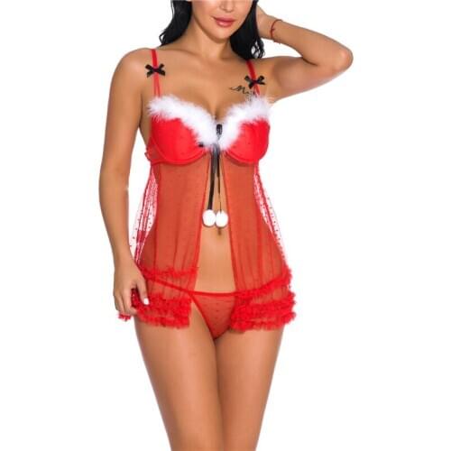 2021 Women Exotic Sets Christmas Sexy Babydolls Sleepwear Nightwear Lingerie Red See-through White Plush Suspender Tops Panties