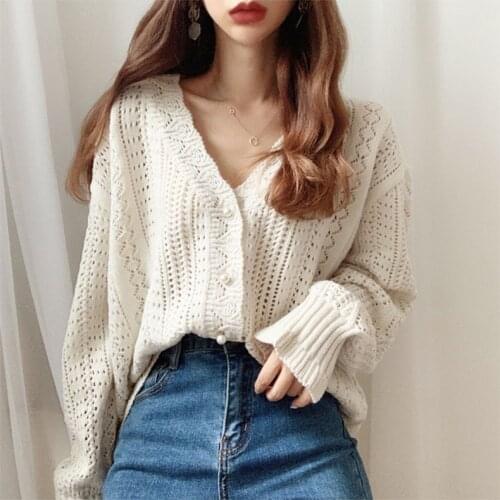 Women Spring Autumn Knit Cardigans Sweater Hollow Out Sexy Elegant Cardigan Loose White Tops Low V-Neck Long Sleeve Knit Coat
