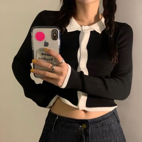 Retro Color Matching Lapel Knitted Cardigan Womens Autumn Fashion Single Breasted Slim Long Sleeve Crop Top Knitwear Street
