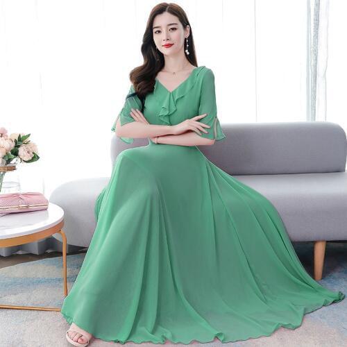 2021 High Quality Solid Chiffon Sweet Maxi Dress Summer Vintage 4XL Plus Size Midi Sundress Women Elegant Bodycon Party Vestidos