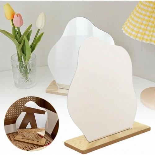 2021 Hot Sale Acrylic Makeup Mirror with Wooden Base Stand ins Irregular Edge Desktop Decor Mirror Home Simple Vintage Mirror