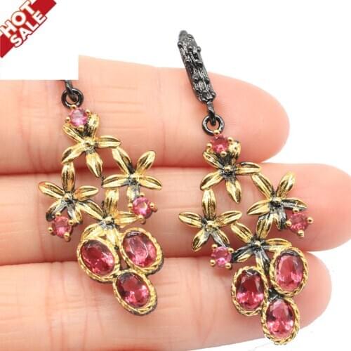 50x20mm Bohemia Design 6.9g Vintage Created Rhodolite Garnet London Blue Topaz Cool Black Metal Silver Earrings Punk Hollow