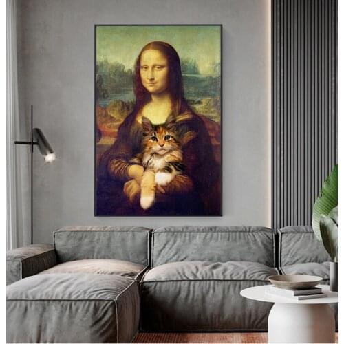 Bedroom Living Room Decorative Picture Home Wall Decor Mona Lisa And Cat Art Canvas Painting Poster And Print Wall Pictures For