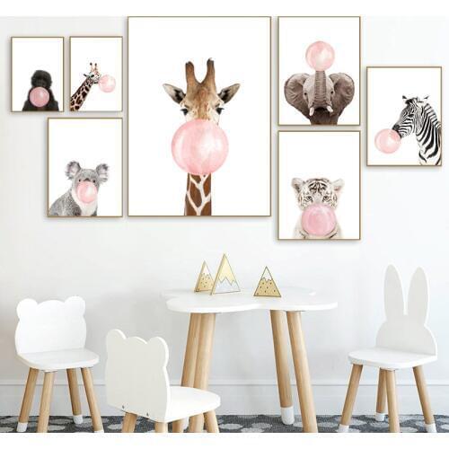 Baby Room Pink Bubble Giraffe Zebra Animal Poster Canvas Painting Wall Art Print Picture Nordic Nursery Kids Room Decoration