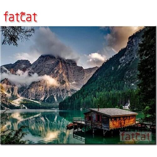 FATCAT Mountain lake hut scenery 5d diy diamond painting full square round drill diamond embroidery kits home decoration AE2831
