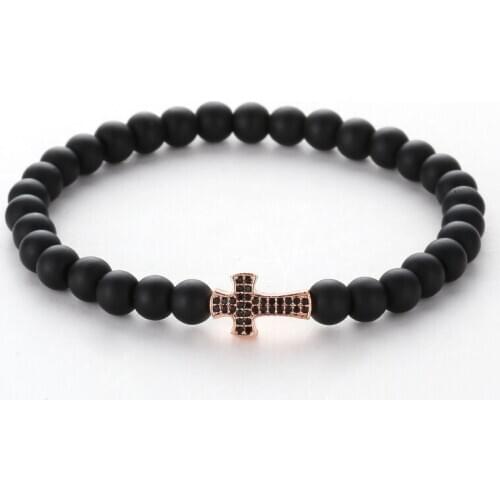 6mm Classic Matte Black Stones Beads Bracelets & Bangles Pave CZ cross manual Bracelets for Lovers His And Hers Jewelry Handmade