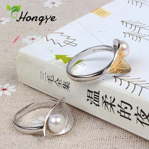 Hongye Fashion Adjustable Gold Color Leaves Finger Ring For Women 925 Sterling Silver Fine Jewelry Bridal Birthday Natural Pearl