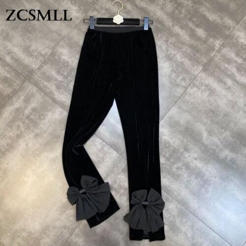 ZCSMLL 2021 Autumn Winter Black Fashion Pants Elastic Waist Slit Bow Decoration Thin Niche Velvet Women Leggings Tide