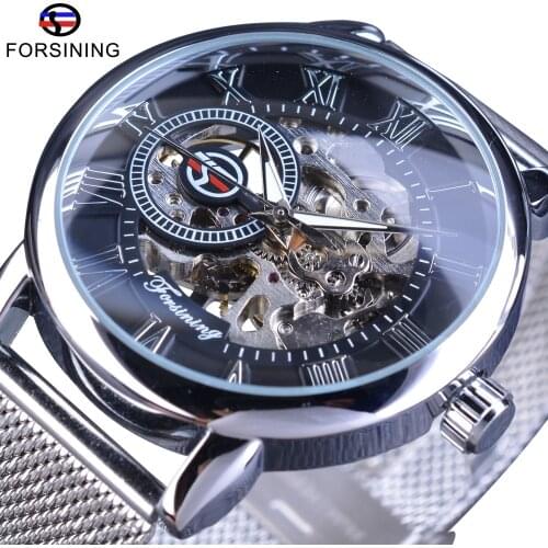 Forsining Hand Winding Mechanical Watch Fashion Skeleton Design Silver Stainless Steel Band Casual Wrist Watch Luminous Hands