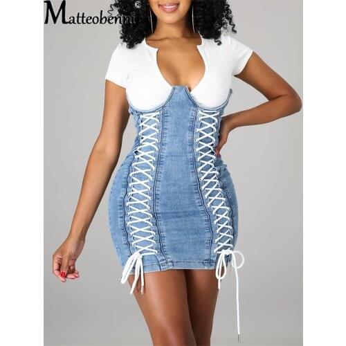 Fashion Women Short Sleeve V-Neck Patchwork Eyelet Lace Up Bodycon Sexy Party Dress 2021 Summer Fake Two Casual Mini Denim Dress