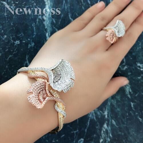 Newness Lxury Ginkgo Leaf Women Wedding Bridal Full Micro AAA Cubic Zirconia Bangle Ring Dubai Dress Jewelry Set