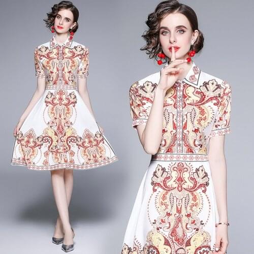 WTIANYUW 2021 New Womens French Retro Print Lapel Short Sleeve Waist Ladies A- Line Dress