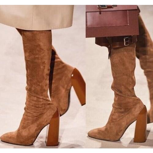 New Arrivals Stretch Fabric Knee High Boots Sexy Pointed Toe Thick Heels Woman Runway Boots Brown Black Suede Riding Boots