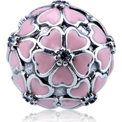 Authentic S925 Stopper Bead fit Lady Bracelet Bangle Pink Enamel Crystal Cherry Blossom Clip Charm DIY Jewelry
