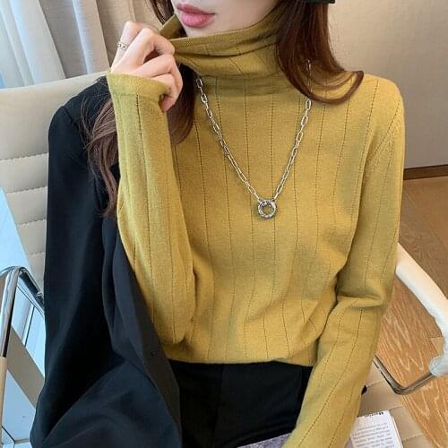 Casual Fall-winter Turtleneck Sweater Pullover Slim Long-sleeved Pile Collar Knitted Bottoming Shirt Loose Women Top
