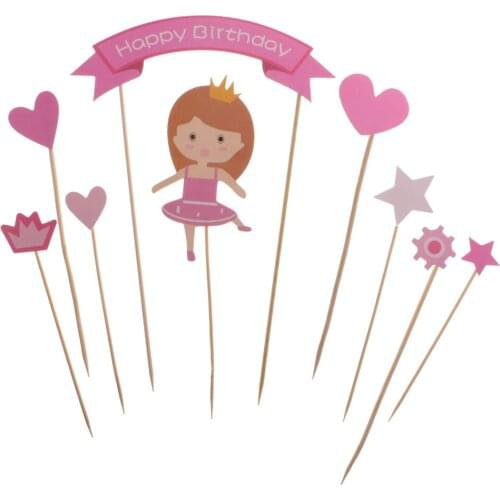 Princess Baby Girl Kids Happy Birthday Banner Flag Signs Cake Toppers Cupcake Picks Set Baby Shower Decorations