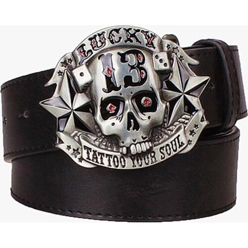 Cool mens belt skull pirate lucky 13 tattoo your soul hip hop style punk belt metal rock dress up leather strap fashion belt