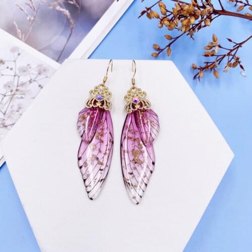 Minar Fantasy Gradient Pink Rhinestone Cicada Wings Earrings Fairy Butterfly Shiny Sequins Foil Long Drop Earrings Oorbellen