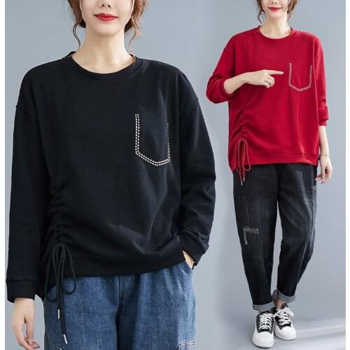 Chic Shirring T-Shirt For Women Sweatshirt Simple Embroidery Pockets Drawstring Korean Style Casual Loose Female Pullover Tops