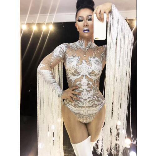 Nude Sexy Tassel Bodysuit Cosplay White Costume Rhinestones Outfit Performance Womens Stage Clothing Show Party Dance Wear