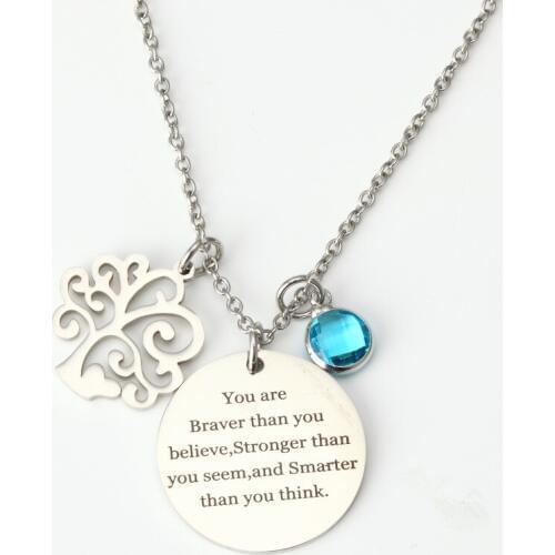 Inspirational Gift Necklace You are Braver than you believe Life Tree Pendant Blue Crystal Necklace Stainless Steel Jewelry