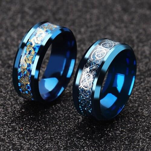 YWSHK 2 Models 8mm Blue Color Carbon Fiber Dragon 316L Stainless Steel Rings For Men Women Fashion Luminous Jewelry Wholesale