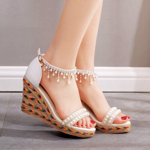 Women Wedge Summer Bead Studded Detail Platform Sandals Buckle Strap Peep Toe Thick Bottom Casual Shoes Ladie