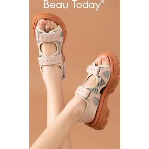 BeayToday Chunky Sandals Women Cow Leather Mesh Hook and Loop Closure Summer Outdoor Ladies Casual Platform Shoes Handmade 38122