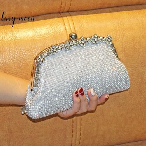 Womens Crystal Clutch Purse and Handbag Silver Diamond Evening Clutch Bag for Wedding Party Small Chain Shoulder Bag ZD2156