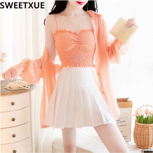 SWEETXUE Female Summer 2021 New Three-Piece Suit Pleated Sling Top + Pleated Skirt + Sun Protection Shirt Set Women